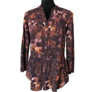 Christopher & Banks Long-Sleeved Button-Down Shirt with Ruffle Plum Multicolor S